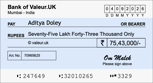 How to write a cheque for 75.43 lakh rupees