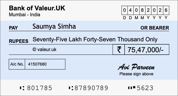 How to write a cheque for 75.47 lakh rupees