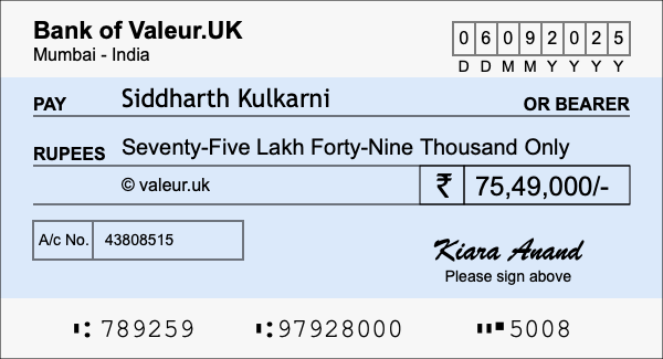 How to write a cheque for 75.49 lakh rupees
