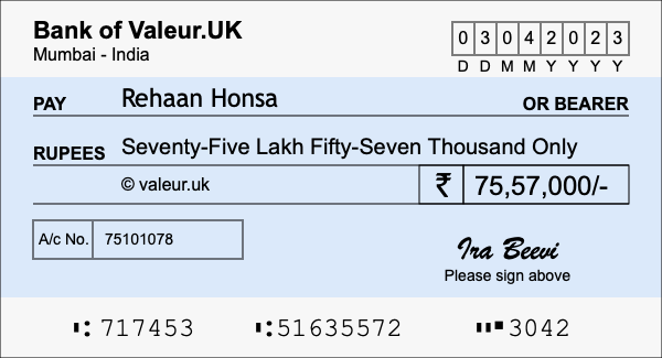 How to write a cheque for 75.57 lakh rupees