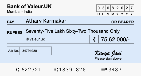 How to write a cheque for 75.62 lakh rupees