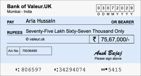 How to write a cheque for 75.67 lakh rupees