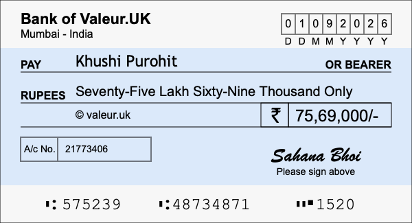 How to write a cheque for 75.69 lakh rupees