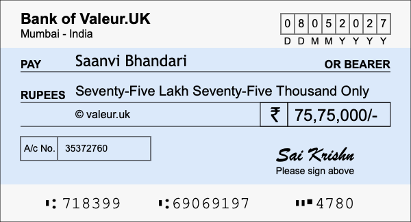 How to write a cheque for 75.75 lakh rupees