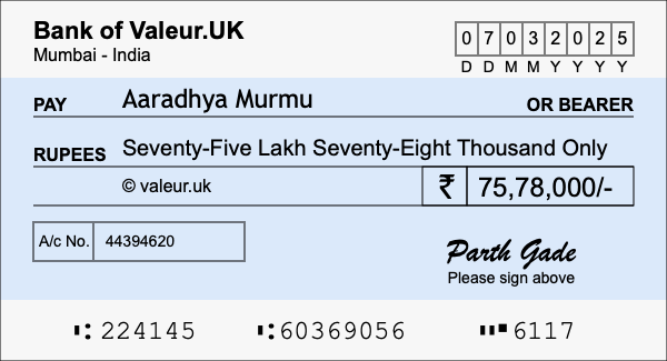 How to write a cheque for 75.78 lakh rupees