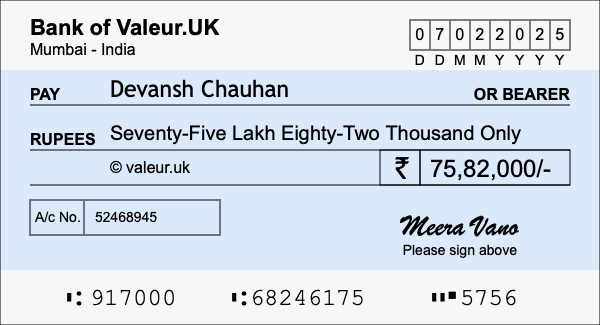 How to write a cheque for 75.82 lakh rupees