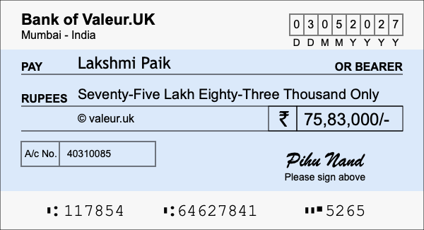 How to write a cheque for 75.83 lakh rupees