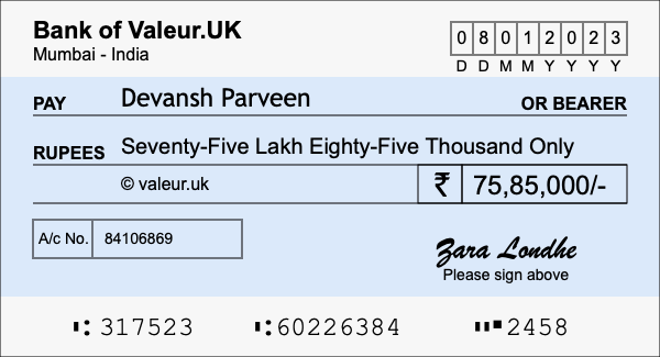 How to write a cheque for 75.85 lakh rupees