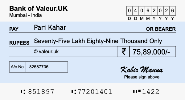How to write a cheque for 75.89 lakh rupees