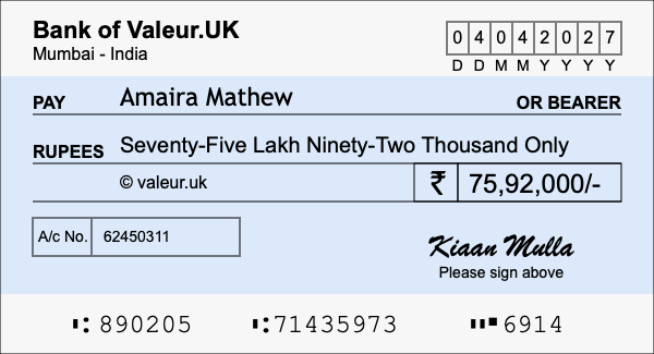 How to write a cheque for 75.92 lakh rupees