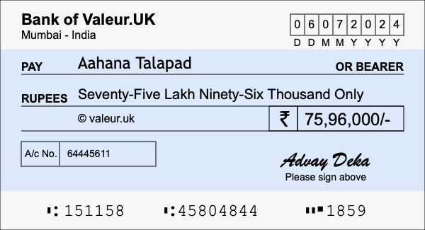 How to write a cheque for 75.96 lakh rupees