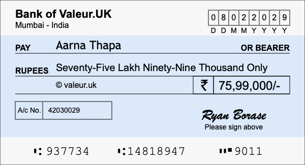 How to write a cheque for 75.99 lakh rupees How to write a cheque for 75.99 lakh rupees