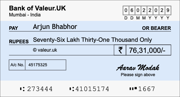 How to write a cheque for 76.31 lakh rupees