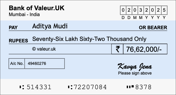 How to write a cheque for 76.62 lakh rupees