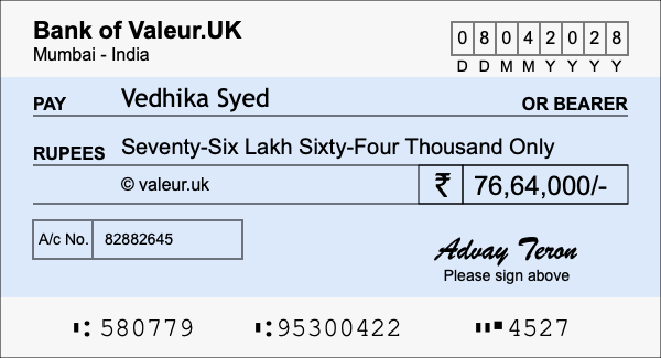How to write a cheque for 76.64 lakh rupees