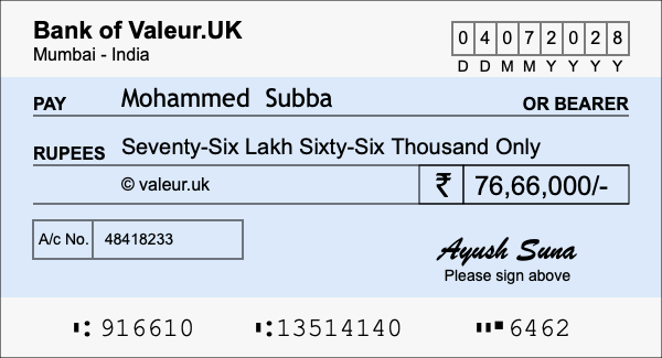How to write a cheque for 76.66 lakh rupees