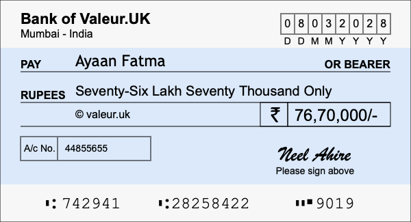 How to write a cheque for 76.7 lakh rupees