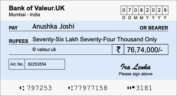 How to write a cheque for 76.74 lakh rupees