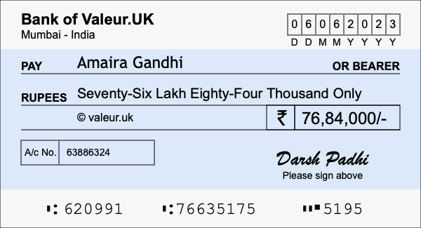 How to write a cheque for 76.84 lakh rupees