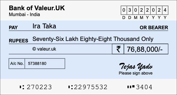 How to write a cheque for 76.88 lakh rupees