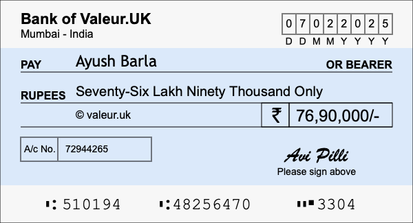 How to write a cheque for 76.9 lakh rupees