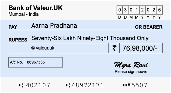 How to write a cheque for 76.98 lakh rupees