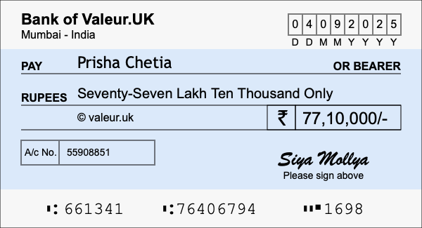 How to write a cheque for 77.1 lakh rupees
