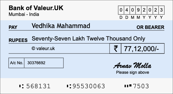 How to write a cheque for 77.12 lakh rupees