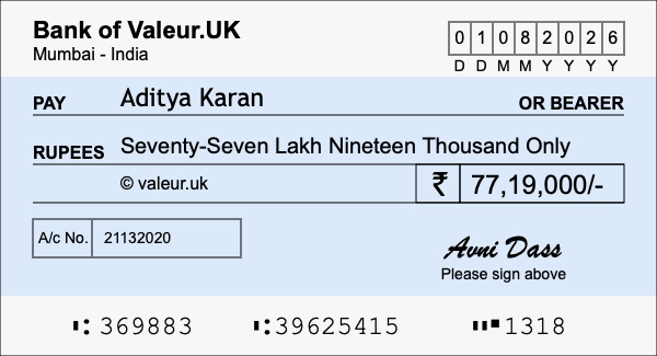How to write a cheque for 77.19 lakh rupees