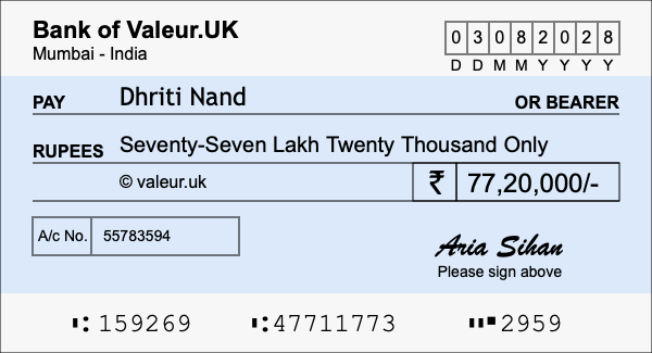 How to write a cheque for 77.2 lakh rupees