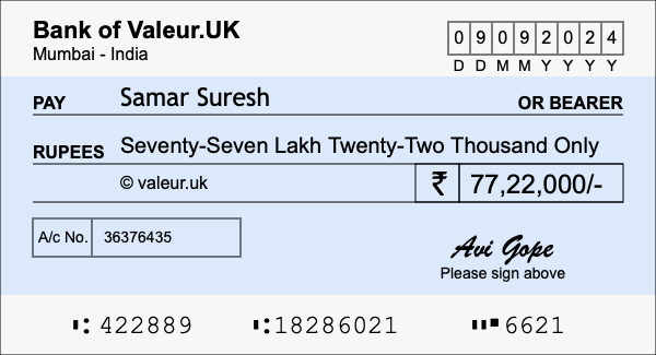 How to write a cheque for 77.22 lakh rupees