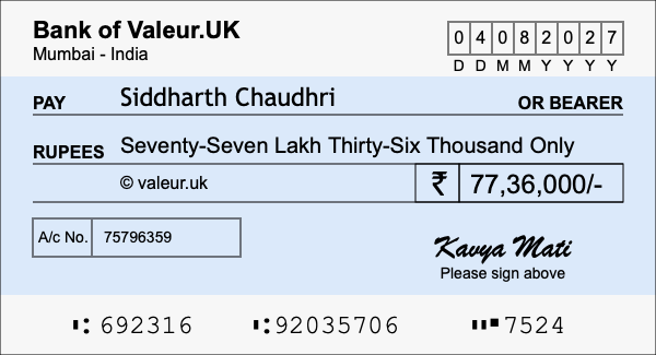 How to write a cheque for 77.36 lakh rupees