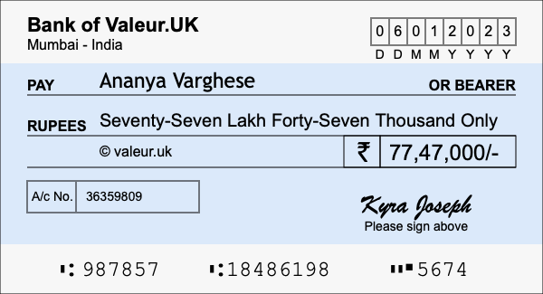 How to write a cheque for 77.47 lakh rupees
