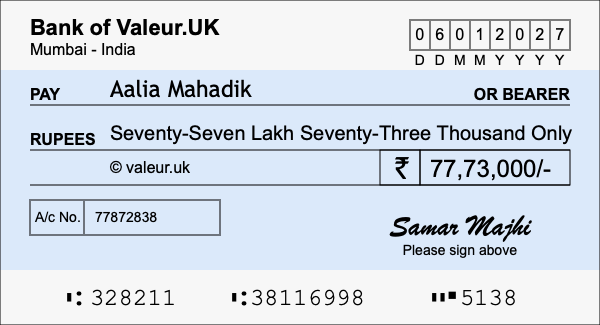 How to write a cheque for 77.73 lakh rupees