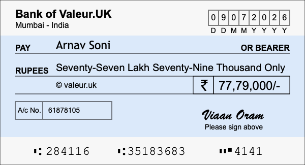 How to write a cheque for 77.79 lakh rupees