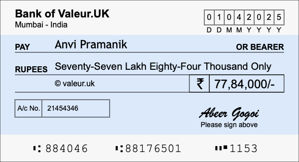How to write a cheque for 77.84 lakh rupees