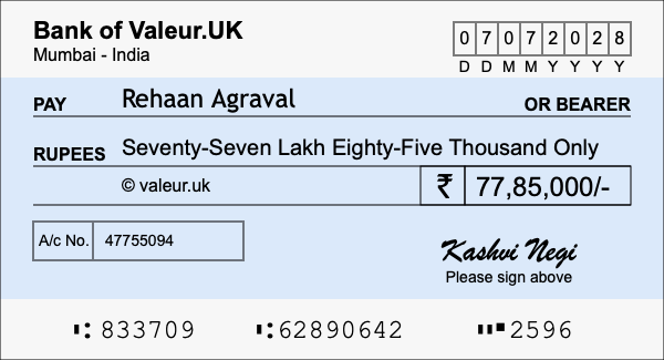 How to write a cheque for 77.85 lakh rupees