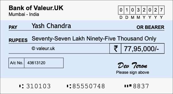 How to write a cheque for 77.95 lakh rupees