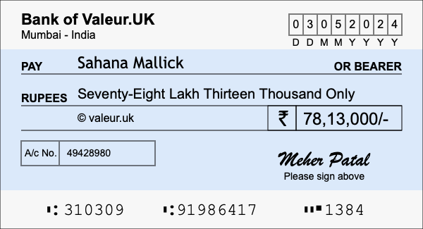 How to write a cheque for 78.13 lakh rupees