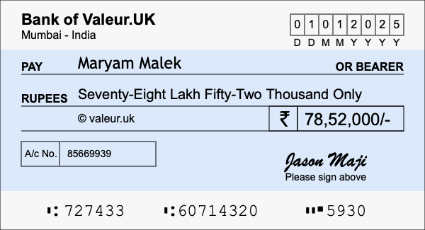 How to write a cheque for 78.52 lakh rupees