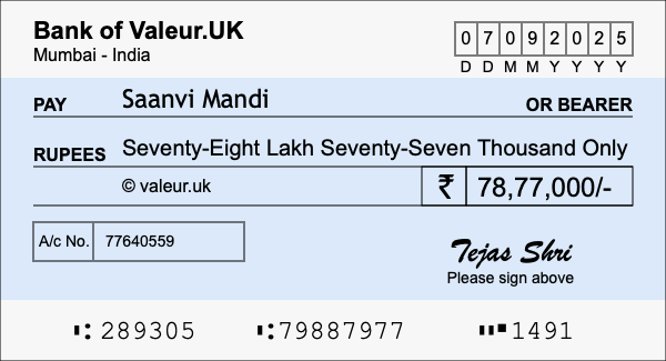 How to write a cheque for 78.77 lakh rupees