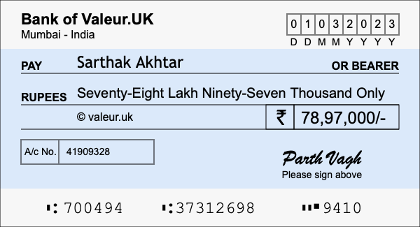 How to write a cheque for 78.97 lakh rupees