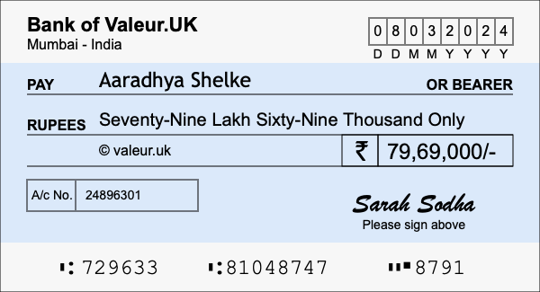 How to write a cheque for 79.69 lakh rupees