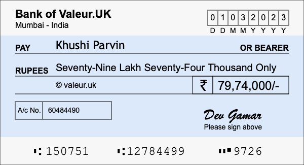 How to write a cheque for 79.74 lakh rupees