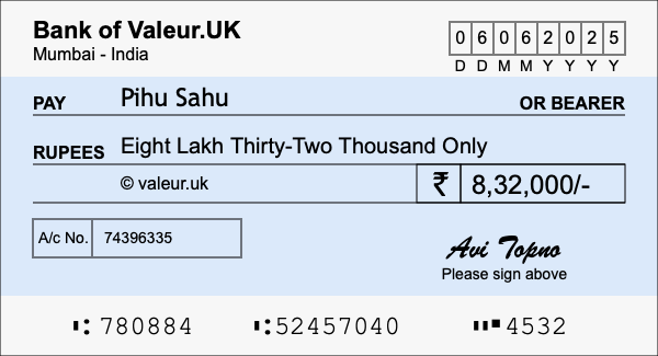 How to write a cheque for 8.32 lakh rupees