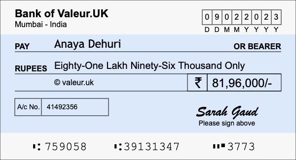 How to write a cheque for 81.96 lakh rupees