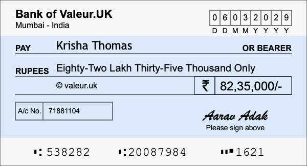 How to write a cheque for 82.35 lakh rupees