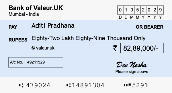 How to write a cheque for 82.89 lakh rupees