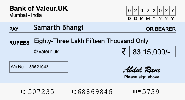 How to write a cheque for 83.15 lakh rupees