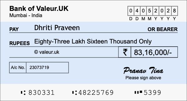How to write a cheque for 83.16 lakh rupees